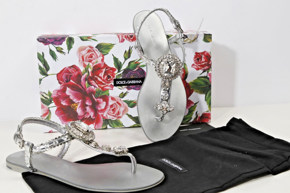 Dolce & Gabbana Silver Metallic Crystal Rhinestone Flat Thong Sandals 37.5 Box